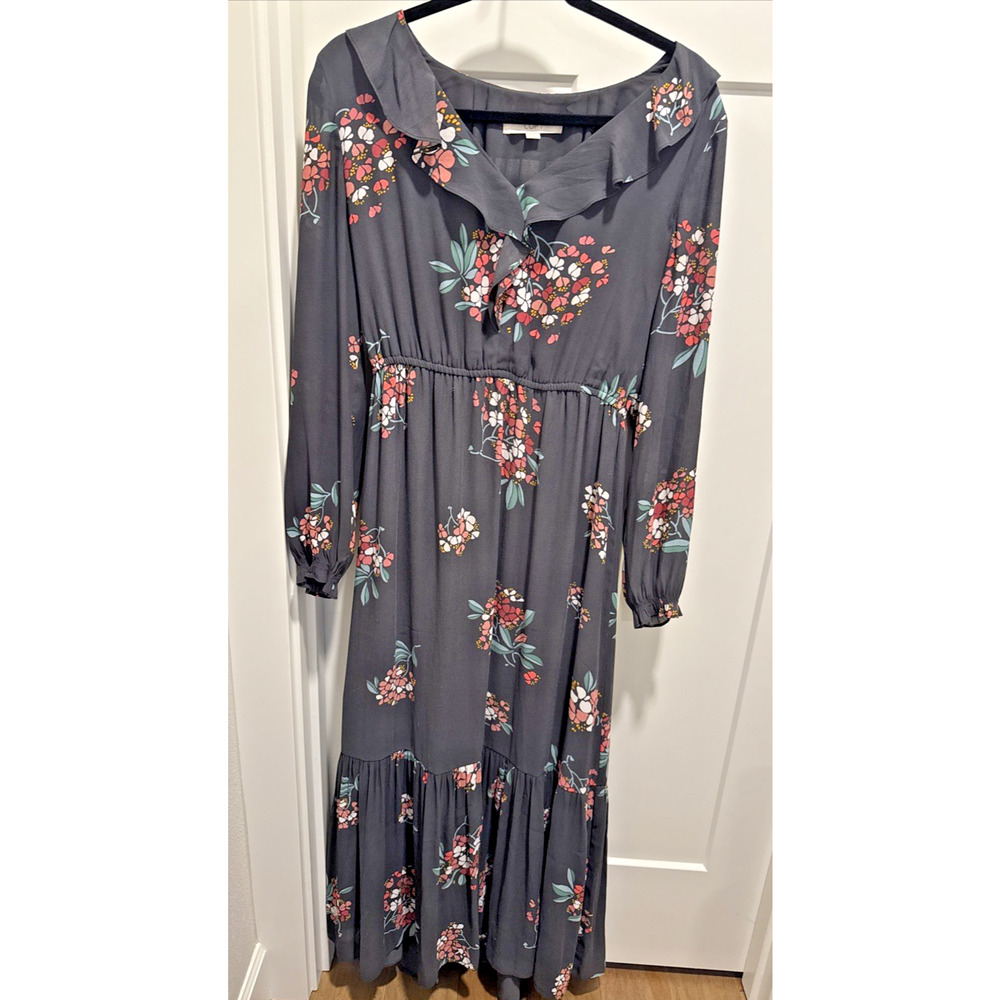 LOFT Floral Smocked Ruffle Maxi Dress Gray Long Sleeve Style 404708 Fall 2019 M - Picture 3 of 14